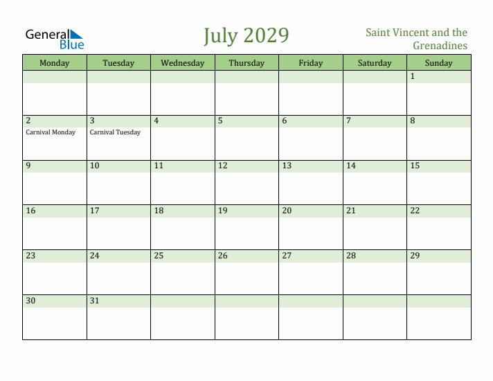 July 2029 Calendar with Saint Vincent and the Grenadines Holidays