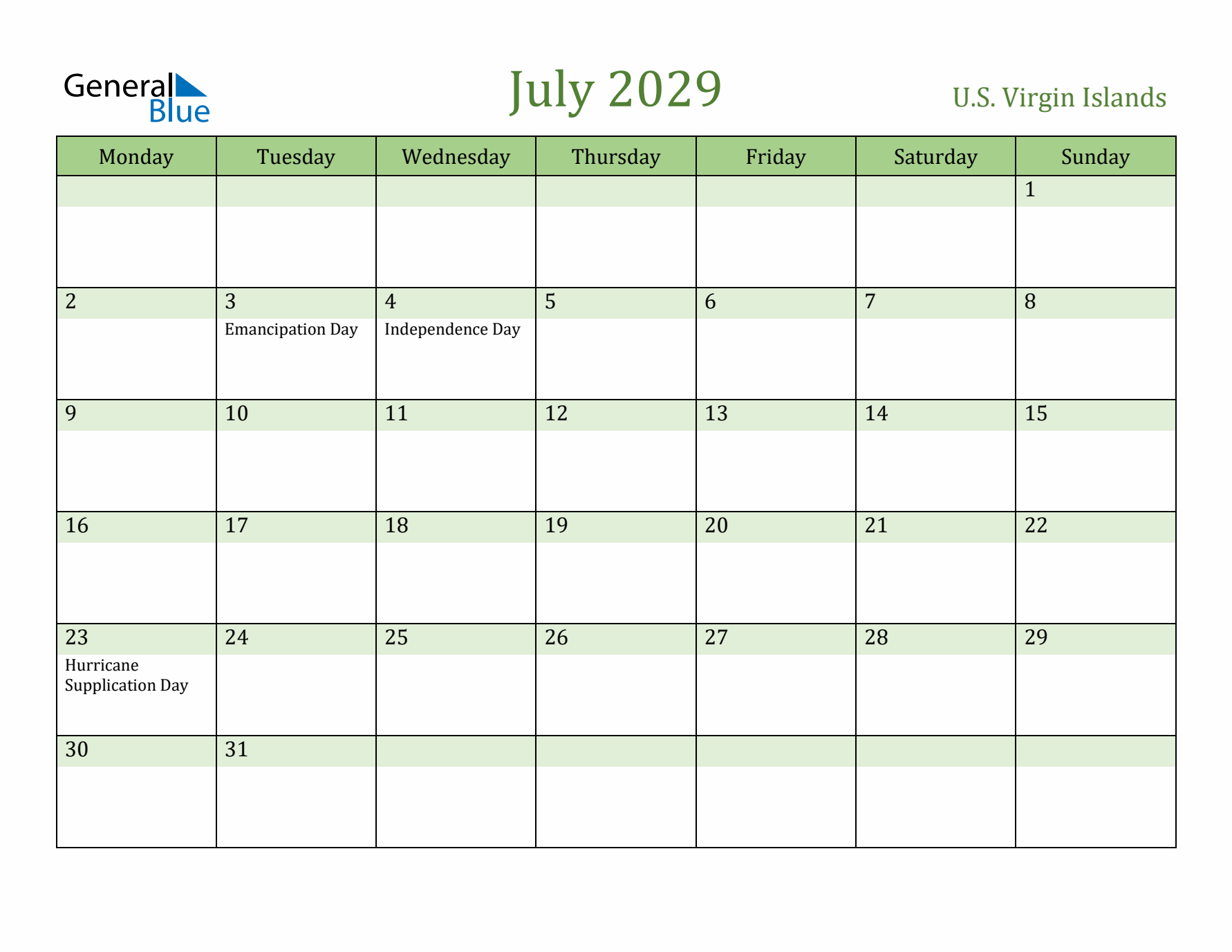 July 2029 Calendar with U.S. Virgin Islands Holidays