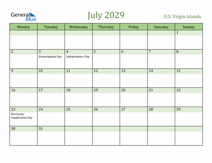 July 2029 Calendar with U.S. Virgin Islands Holidays