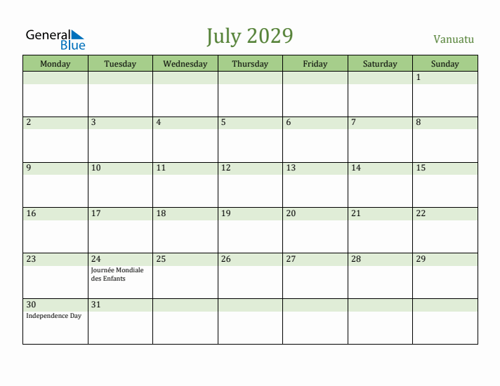 July 2029 Calendar with Vanuatu Holidays