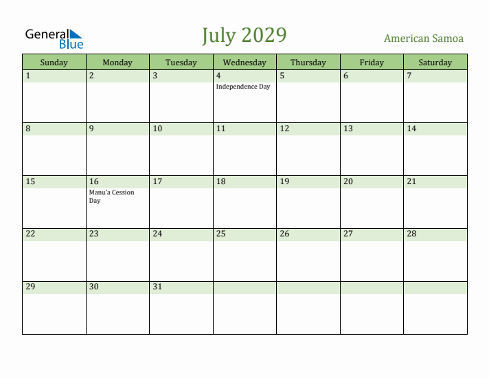 July 2029 Calendar with American Samoa Holidays