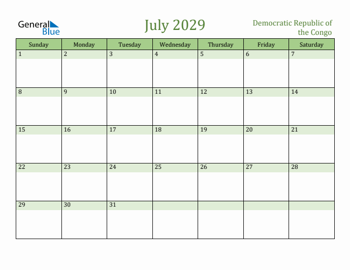 July 2029 Calendar with Democratic Republic of the Congo Holidays