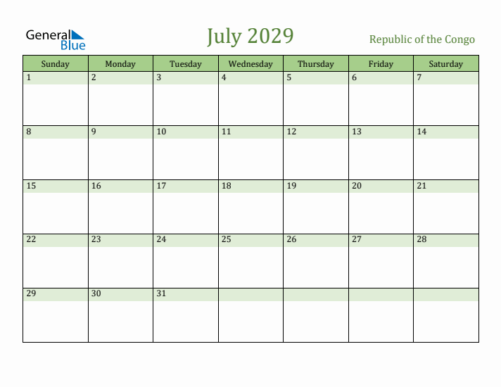 July 2029 Calendar with Republic of the Congo Holidays