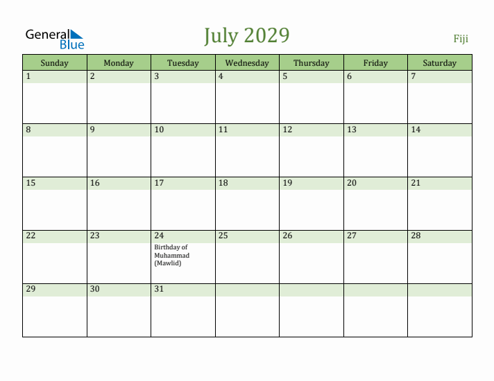 July 2029 Calendar with Fiji Holidays