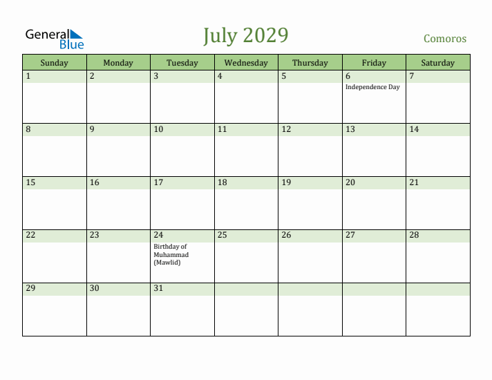 July 2029 Calendar with Comoros Holidays