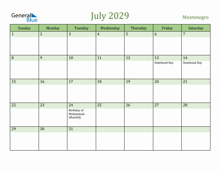 July 2029 Calendar with Montenegro Holidays