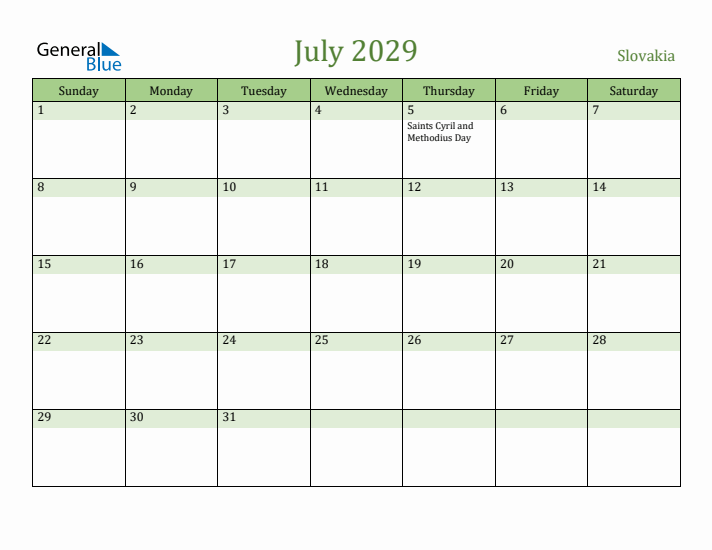 July 2029 Calendar with Slovakia Holidays