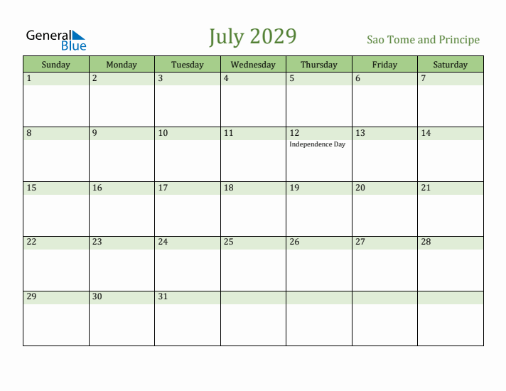 July 2029 Calendar with Sao Tome and Principe Holidays