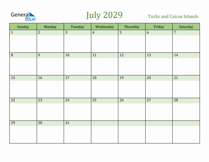 July 2029 Calendar with Turks and Caicos Islands Holidays