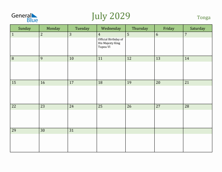 July 2029 Calendar with Tonga Holidays