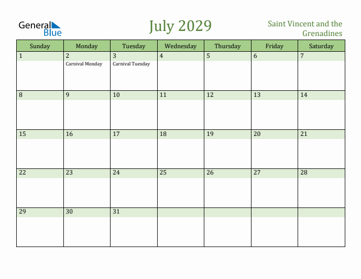 July 2029 Calendar with Saint Vincent and the Grenadines Holidays