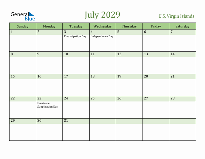 July 2029 Calendar with U.S. Virgin Islands Holidays