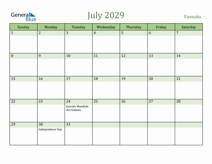 July 2029 Calendar with Vanuatu Holidays