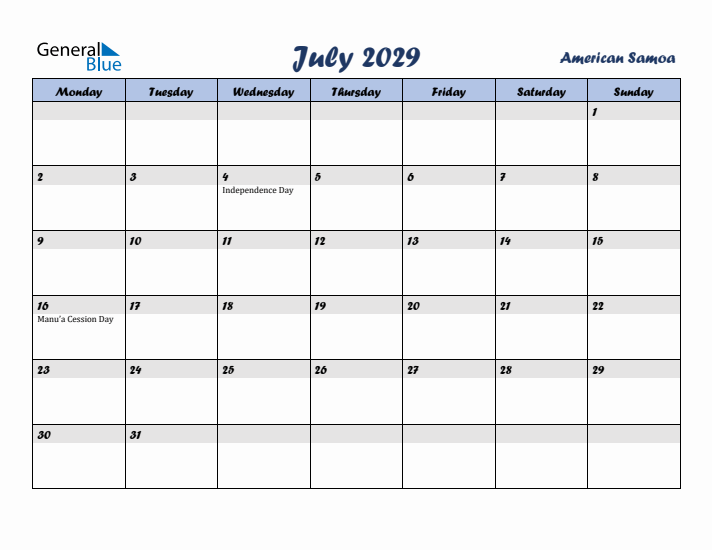 July 2029 Calendar with Holidays in American Samoa