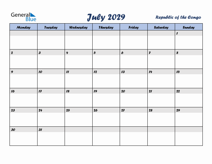 July 2029 Calendar with Holidays in Republic of the Congo