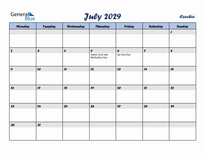 July 2029 Calendar with Holidays in Czechia