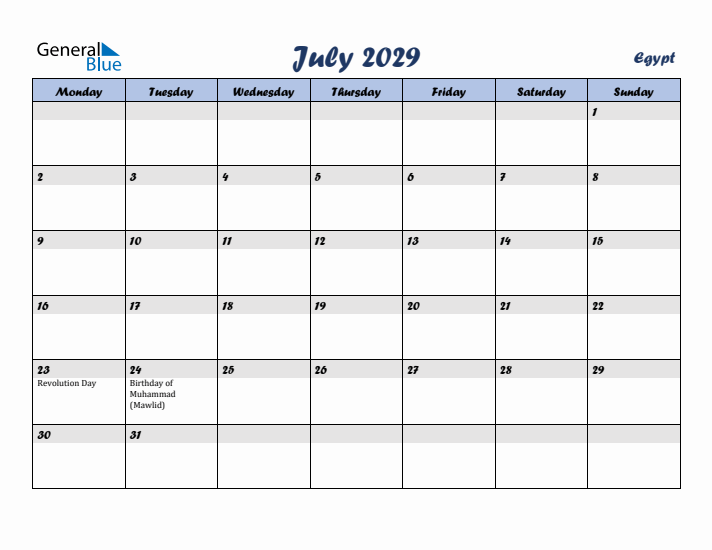 July 2029 Calendar with Holidays in Egypt