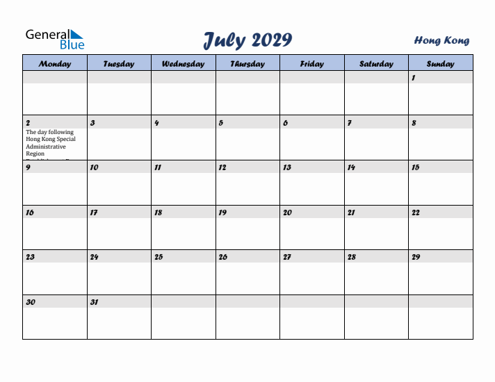 July 2029 Calendar with Holidays in Hong Kong