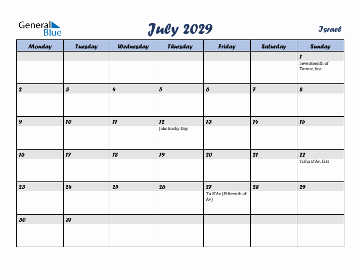 July 2029 Calendar with Holidays in Israel