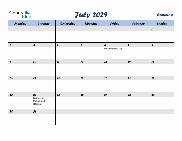 July 2029 Calendar with Holidays in Comoros