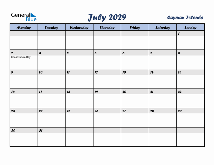July 2029 Calendar with Holidays in Cayman Islands