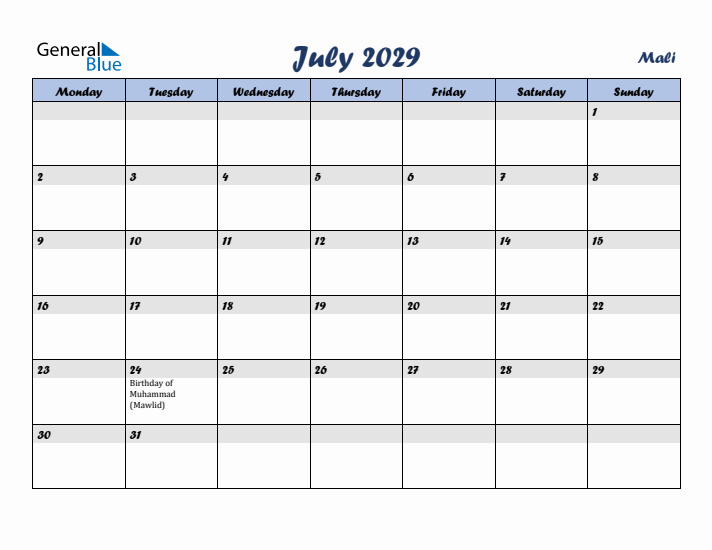 July 2029 Calendar with Holidays in Mali