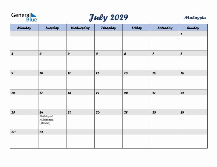 July 2029 Calendar with Holidays in Malaysia