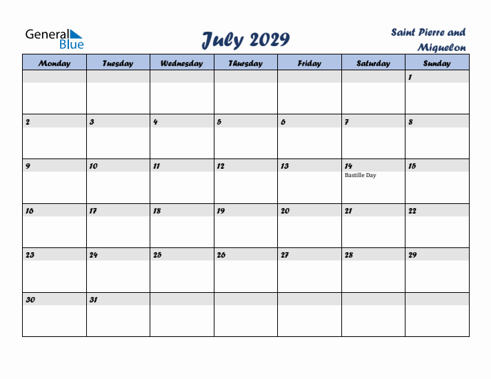 July 2029 Calendar with Holidays in Saint Pierre and Miquelon