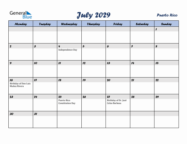 July 2029 Calendar with Holidays in Puerto Rico