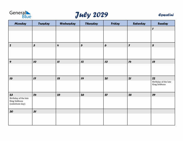 July 2029 Calendar with Holidays in Eswatini