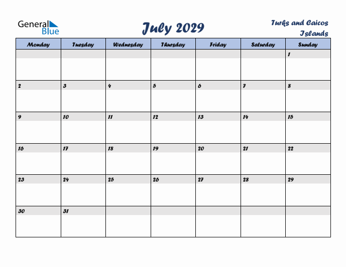 July 2029 Calendar with Holidays in Turks and Caicos Islands