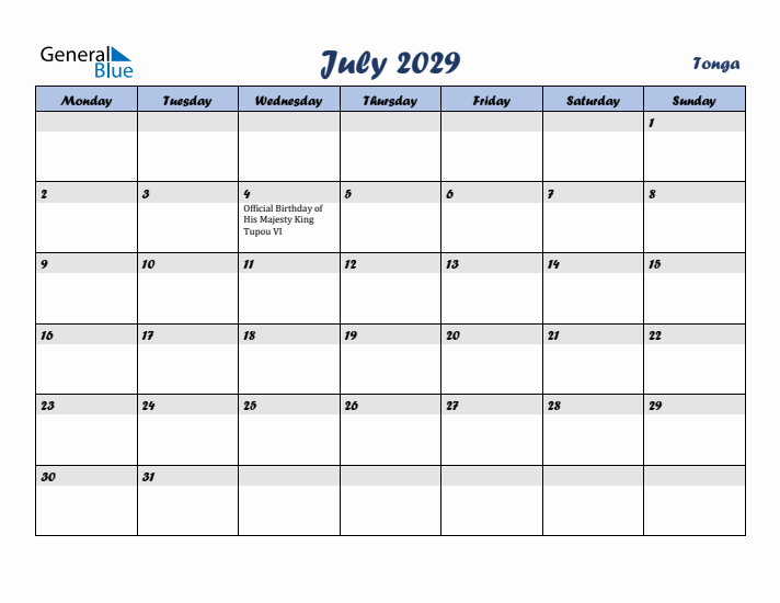 July 2029 Calendar with Holidays in Tonga