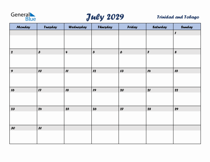 July 2029 Calendar with Holidays in Trinidad and Tobago