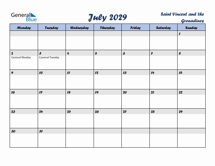 July 2029 Calendar with Holidays in Saint Vincent and the Grenadines