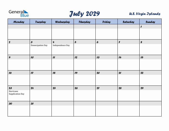 July 2029 Calendar with Holidays in U.S. Virgin Islands