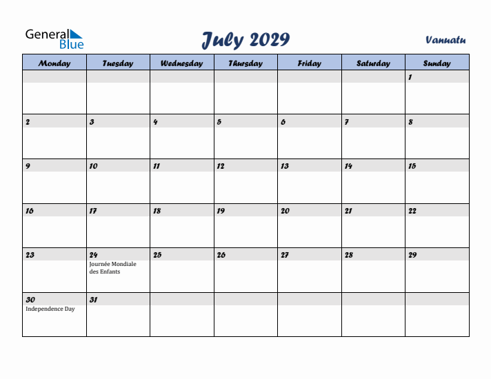 July 2029 Calendar with Holidays in Vanuatu