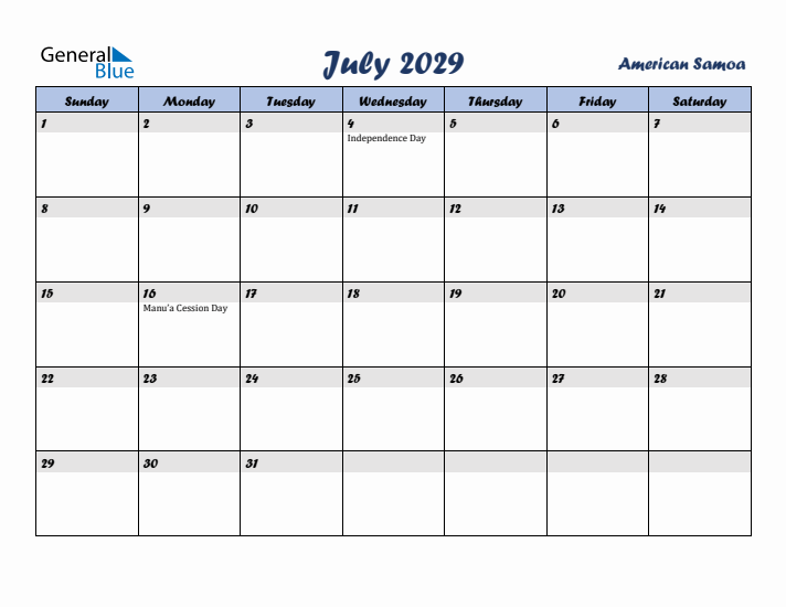 July 2029 Calendar with Holidays in American Samoa