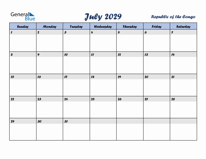 July 2029 Calendar with Holidays in Republic of the Congo