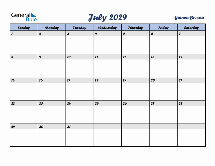 July 2029 Calendar with Holidays in Guinea-Bissau