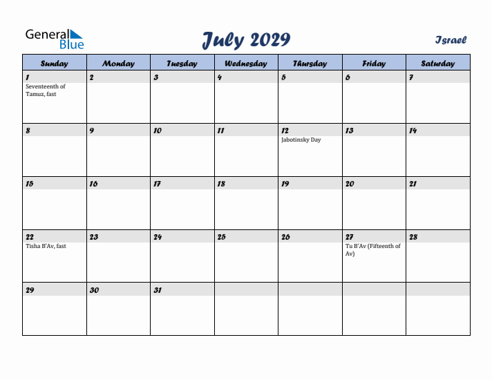 July 2029 Calendar with Holidays in Israel