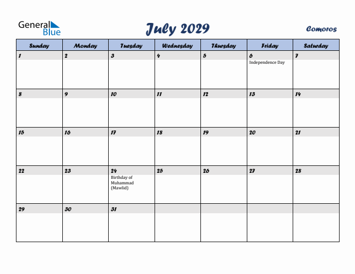 July 2029 Calendar with Holidays in Comoros