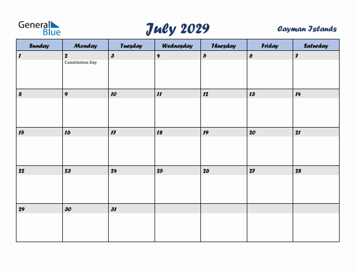 July 2029 Calendar with Holidays in Cayman Islands