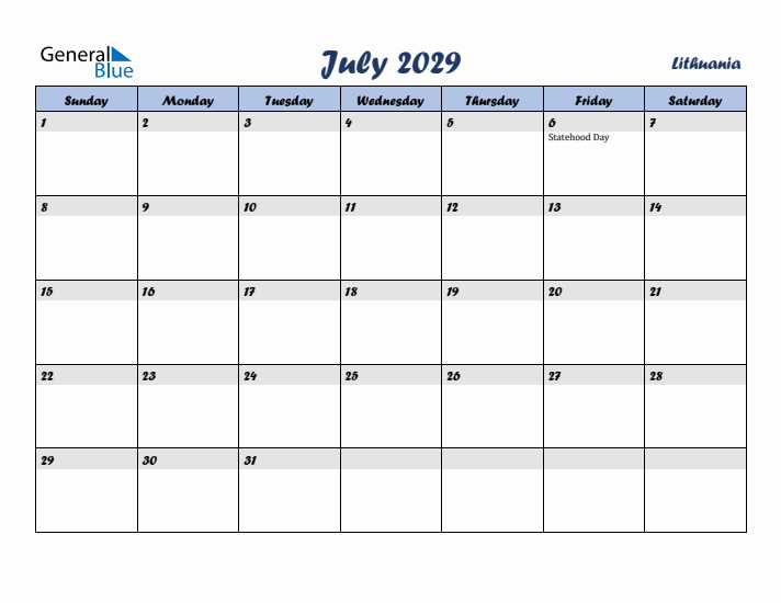 July 2029 Calendar with Holidays in Lithuania