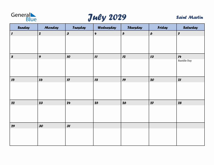 July 2029 Calendar with Holidays in Saint Martin