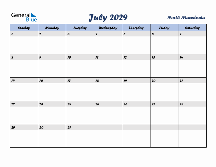 July 2029 Calendar with Holidays in North Macedonia