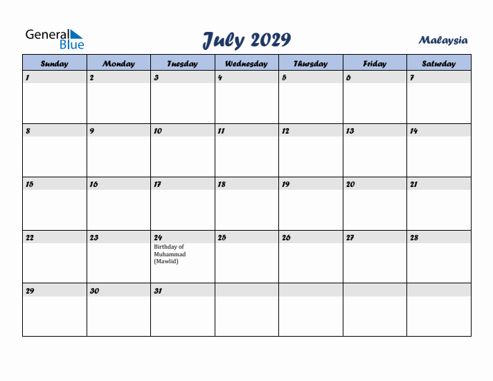 July 2029 Calendar with Holidays in Malaysia