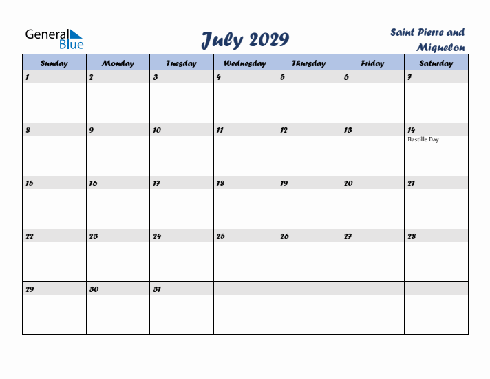 July 2029 Calendar with Holidays in Saint Pierre and Miquelon