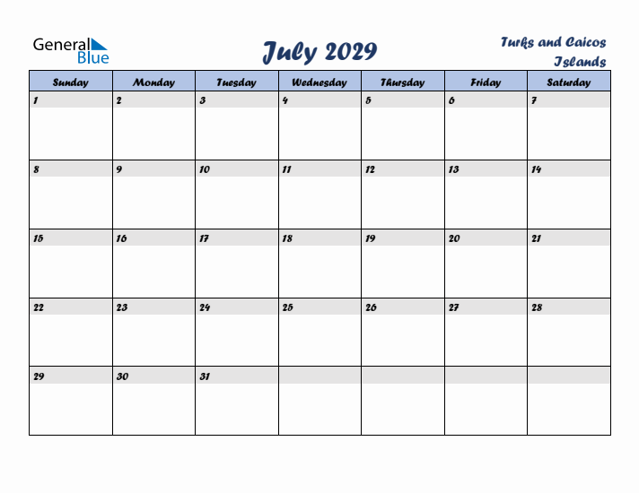 July 2029 Calendar with Holidays in Turks and Caicos Islands
