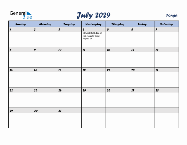 July 2029 Calendar with Holidays in Tonga
