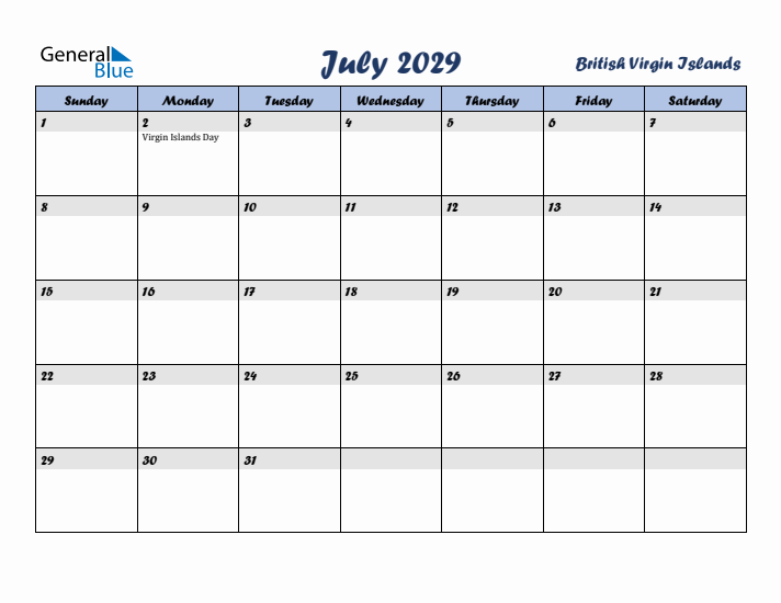July 2029 Calendar with Holidays in British Virgin Islands
